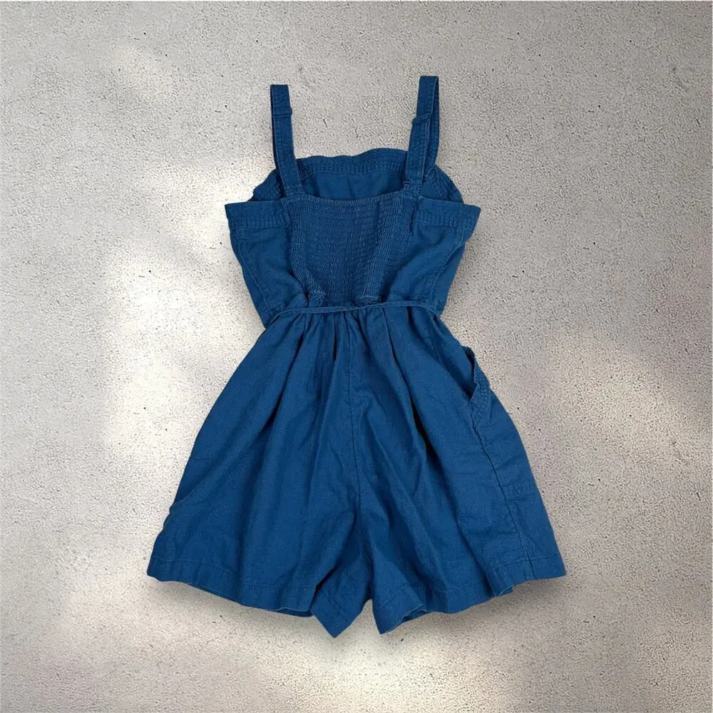 Old Navy Linen Blend Romper Girl's M Blue Sleeveless Boho Cute Playground Summer